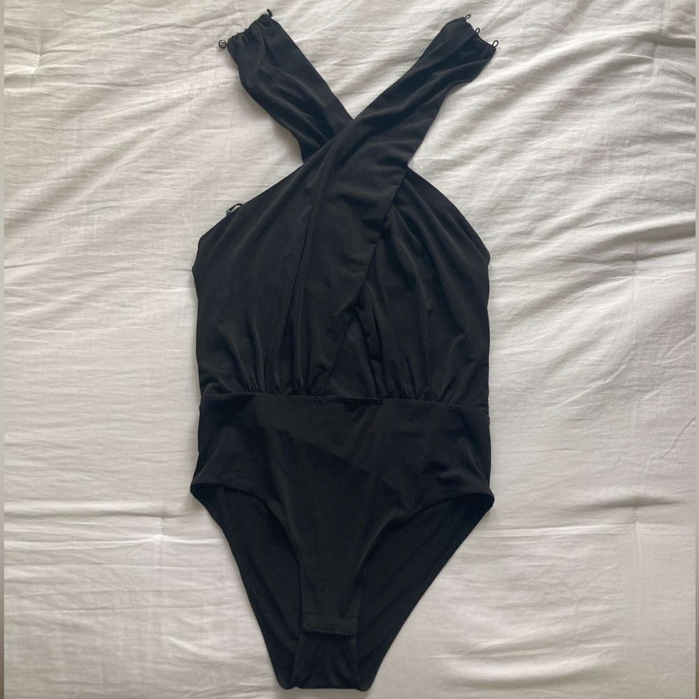 Black Bardot halter bodysuit